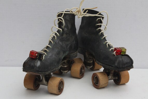 Vintage Roller Skates Black Leather Mens Wooden by cybersenora