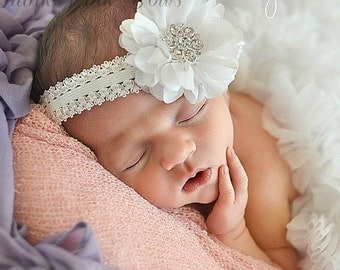 Christening Headband,white baby headband,newborn headband, baby girl headband,baptism headband, infant headband, Baby hair bows.