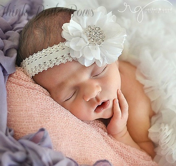 Christening Headband,white baby headband,newborn headband, baby girl headband,baptism headband, infant headband, Baby hair bows. by ThinkPinkBows