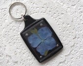 Blue Flower Keychain, Black Acrylic Background With Hydrangea Petals Under Clear Cover, Metal Ring