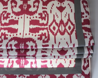 Custom Roman Shade in Quadrille China Seas Island Ikat in Magenta with Samuel & Sons Grosgrain Ribbon Trim