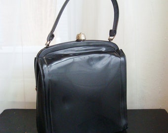 1960's Kelly Frame Handbag, Tall Black Vinyl Handbag With Lovely Black and White Lining