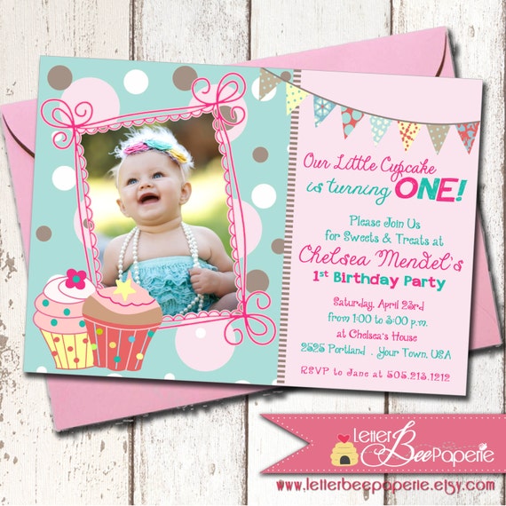 Our Little Cupcake Girl's Birthday Party Photo Invitation - DIY Printable Invite - Aqua, Pink, Lavender, Purple - 1st, 2nd, 3rd Birthday Il_570xn