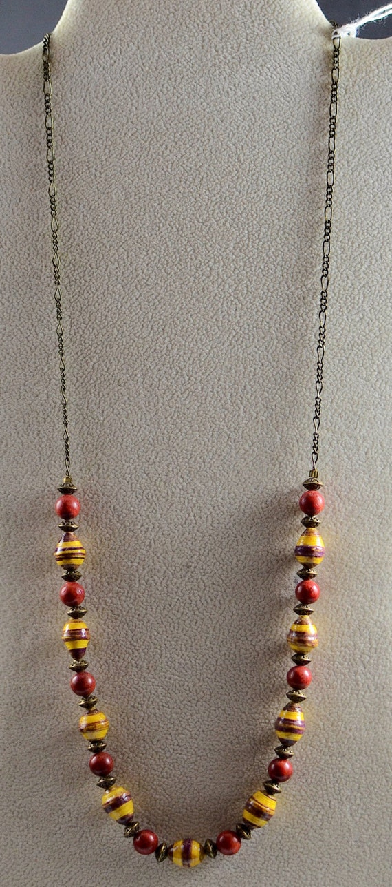 Yellow and Brown Ugandan Paper Bead Necklace by stringandstrand