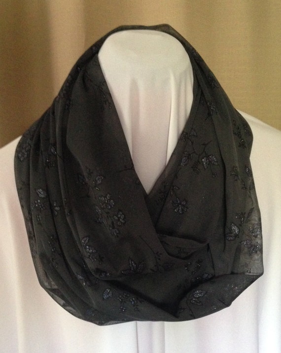 Sheer Dark Grey with Glitter Flowers Extra Long Infinity Scarf