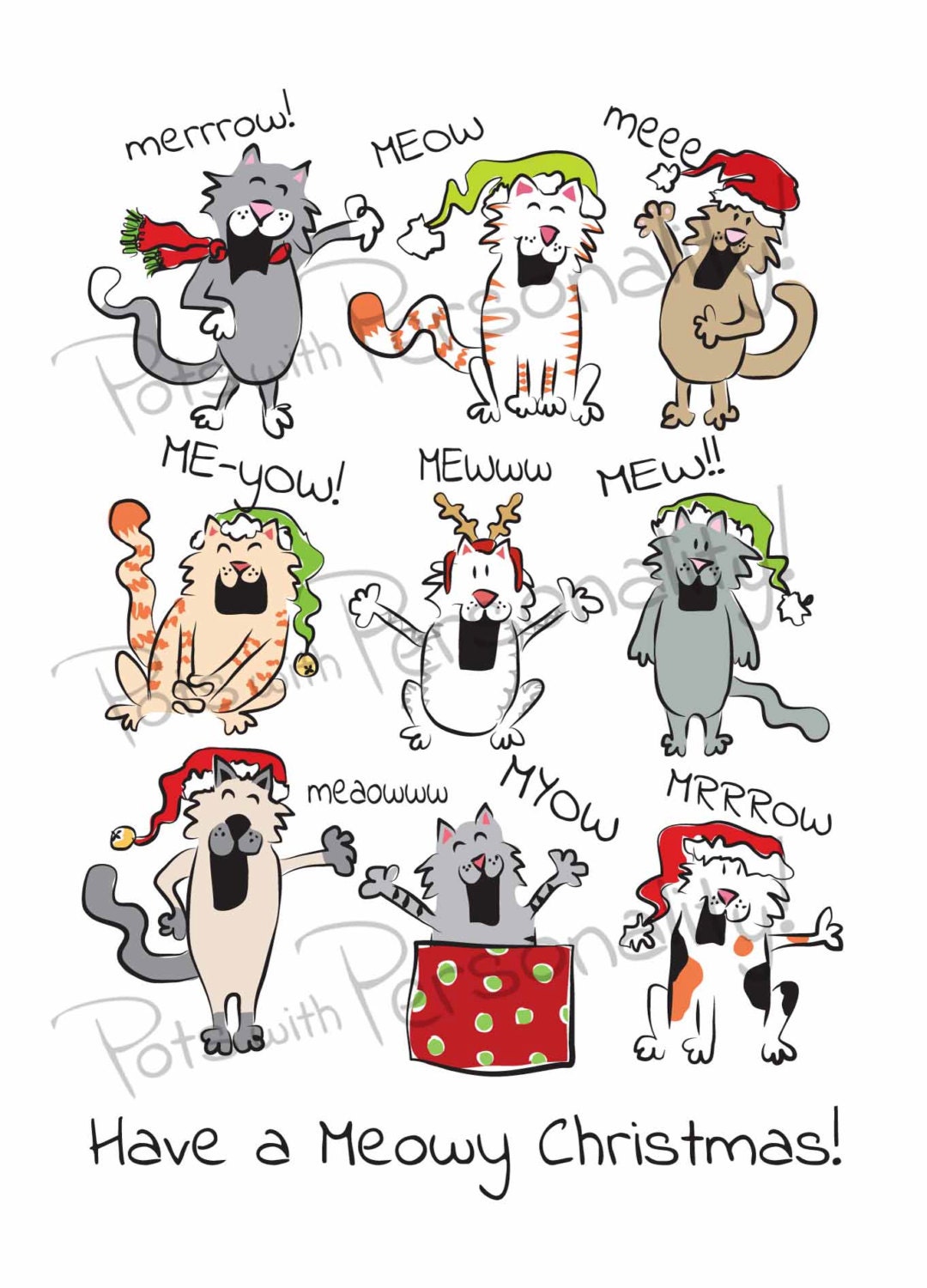 Printable Christmas Card 02 Cat Theme Meowy Christmas