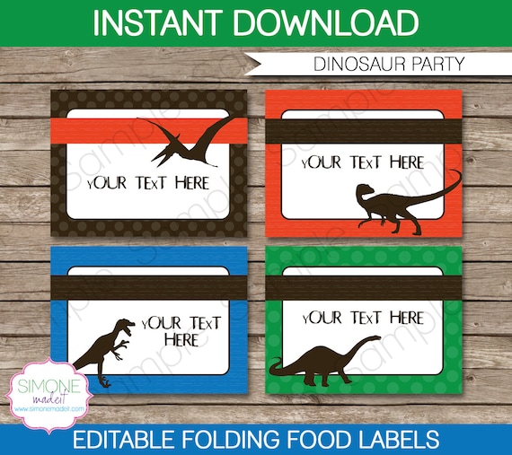 Dinosaur Party Food Labels or Food Buffet Tags - INSTANT DOWNLOAD Printable File - EDITABLE text you personalize with Adobe Reader