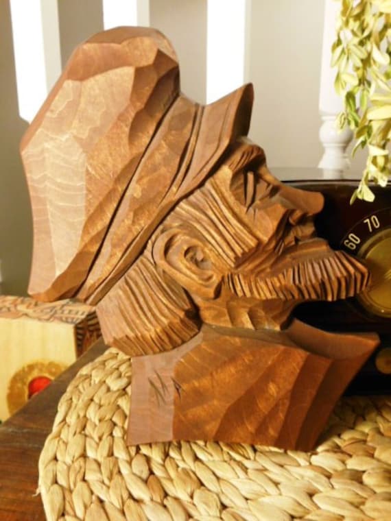 Vintage Canadian Folk Art Wood Carving Wall Hanging Bust of