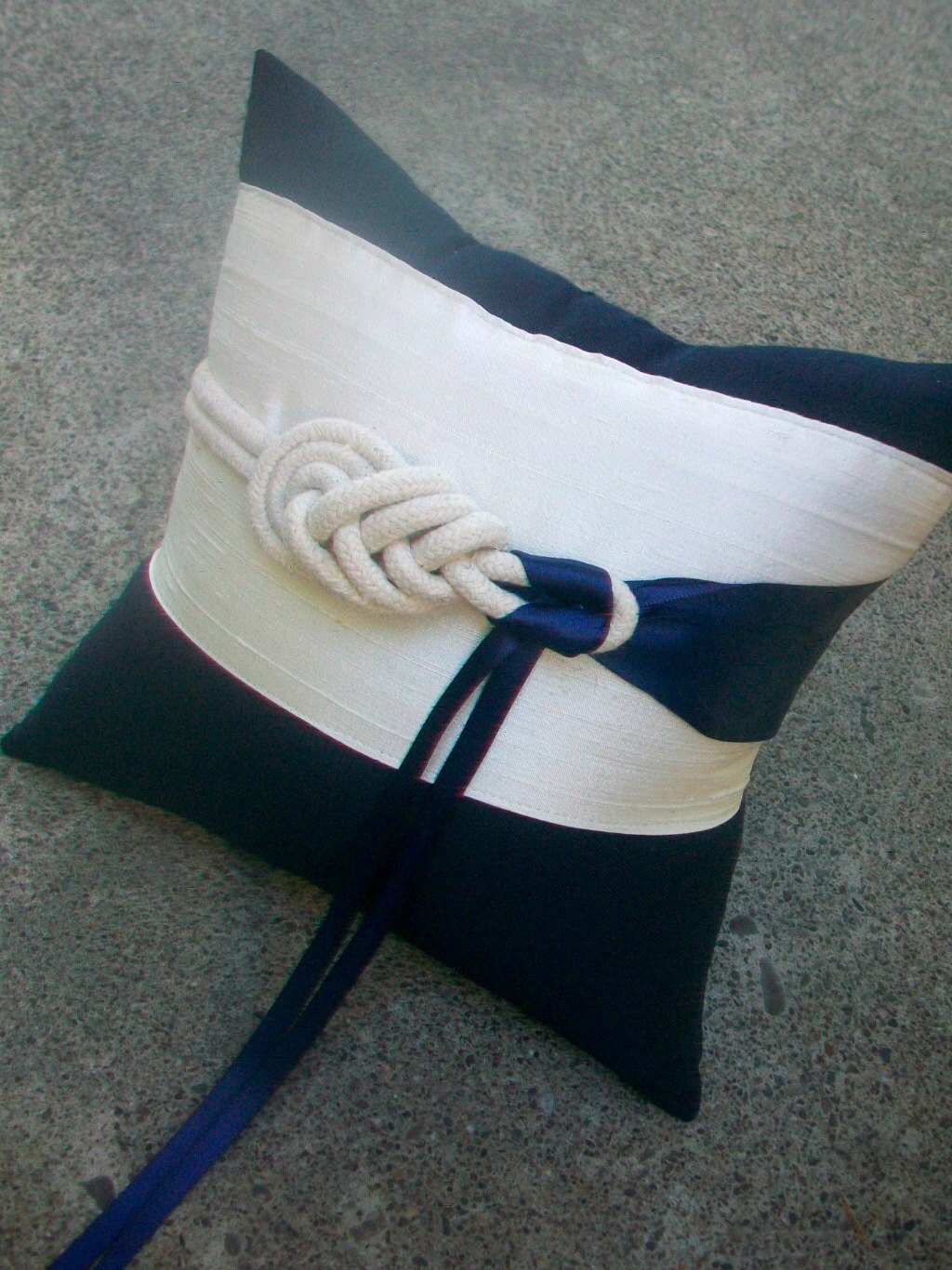 Off White and Navy Nautical Ring Bearer Pillow Decorative Rope