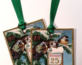 SALE! Glittered Christmas Tags ~ Hand Glittered Christmas Bird Christmas Tags, Old-Fashioned, Vintage Style, with Ribbon