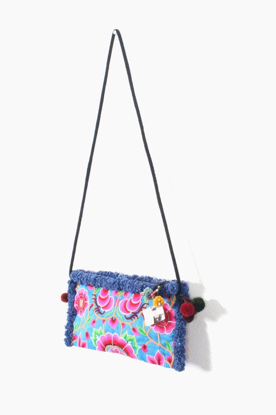 pom crossbody backpack pom Pom Cross Handmade Blue Bag Flowers Purse Embroidered Body Pom Hmong