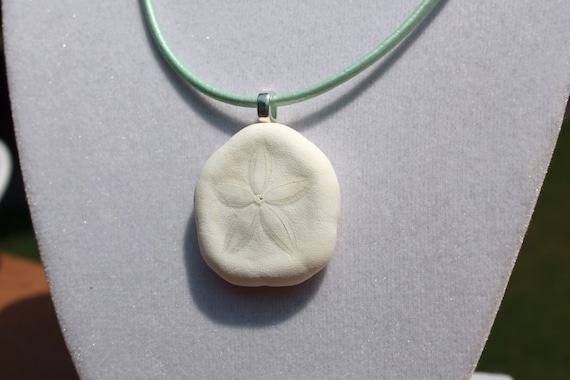 Sea Cookie Sand Dollar Pendant on Mint Green Leather Cord