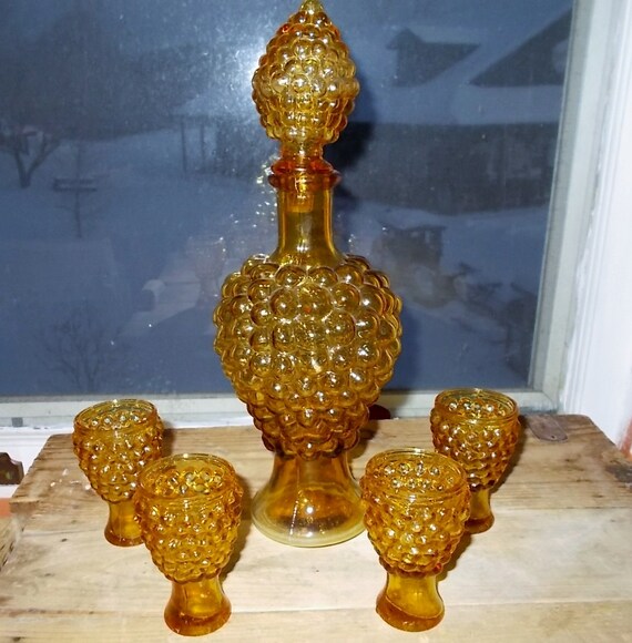 Amber Bubble Glass Brandy Set Decanter Snifter Italian Art