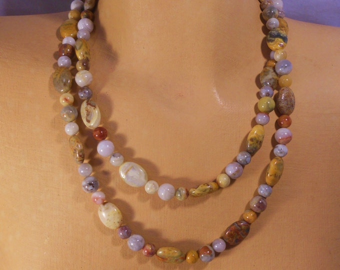 Jay King necklace, Mine Finds signed, crazy lace agate long 43" sterling clasp, natural gemstones in brown shades