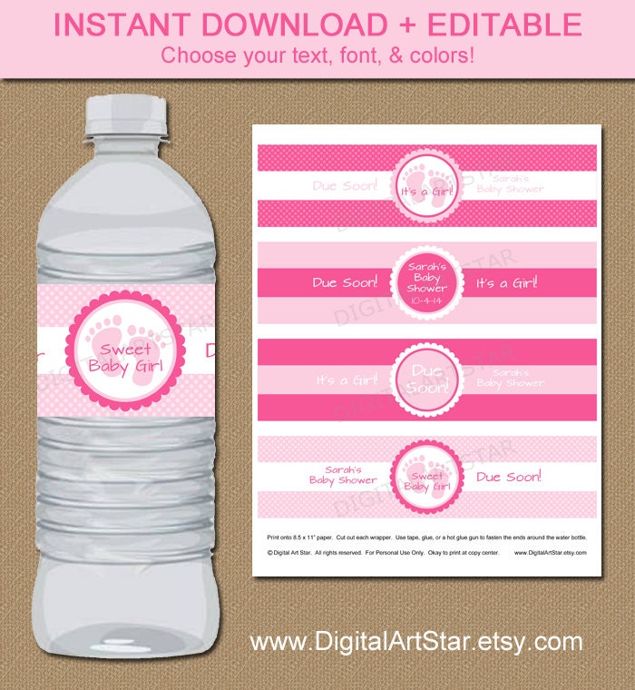 EDITABLE Water Bottle Labels DIY Printable Pink Baby Shower