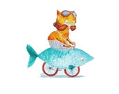 Cycling Cat Illustration - hipster fish bike, geek bicycle, quirky invention, vintage tabby, waxed moustache, children room art