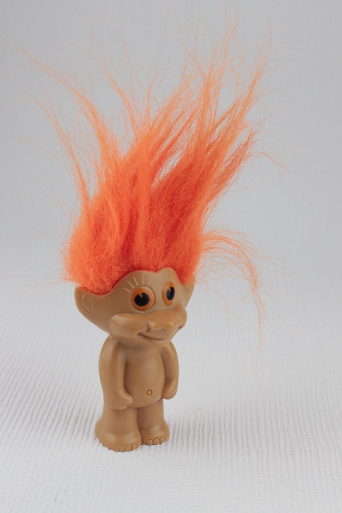 Orange Hair Troll Doll Solid Hard Plastic Orange Painted Eyes