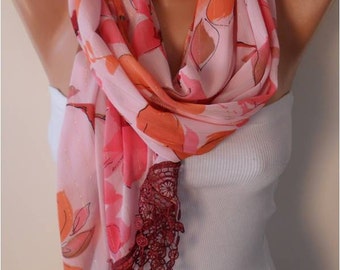 Floral Chiffon Scarf with Lace Edge - Gift