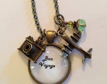 Bon Voyage Travel Necklace with Camera Charm and Airplane Charm