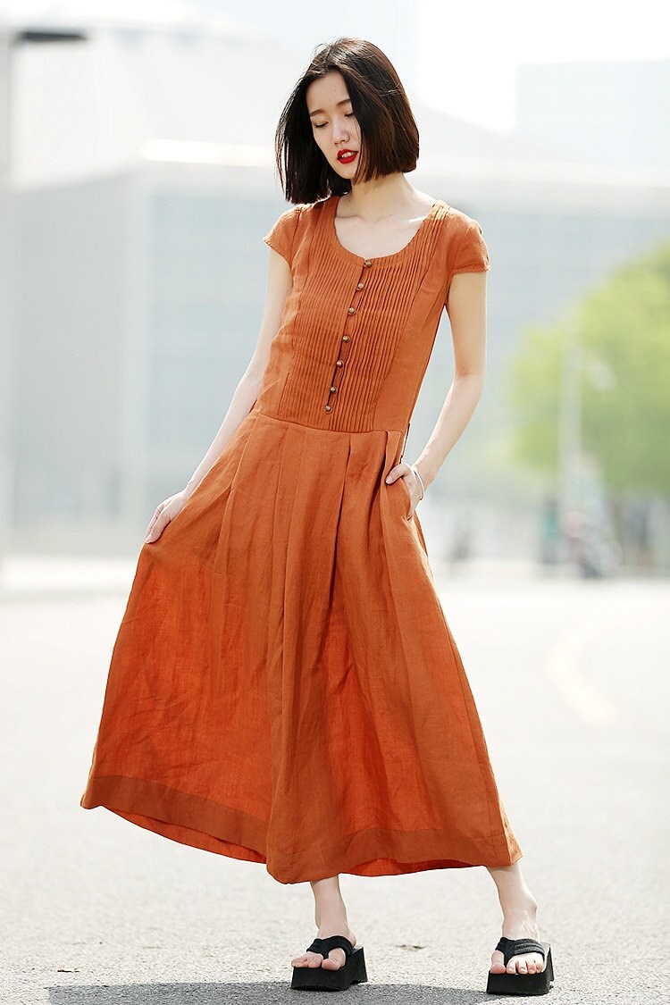 Linen Dress with Belt in Orange C346