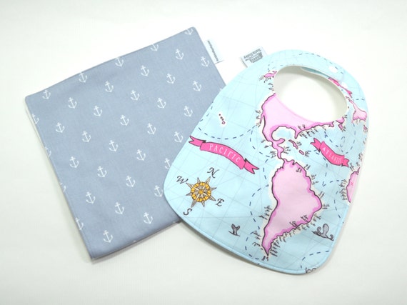 Baby bib and burp cloth set / World Map Baby / anchor / gift set / 100% cotton / fits 3 months to 2 years plus