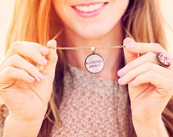Adventure Awaits Necklace, Wanderlust Map Necklace, Gypsy Jewelry, Boho Necklace, Quote Jewelry, Wanderlust Jewelry, Inspirational Necklace