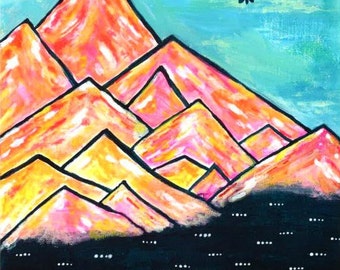 Funky Mountains No. 1 - original acrylic painting on paper, yellow pink ...