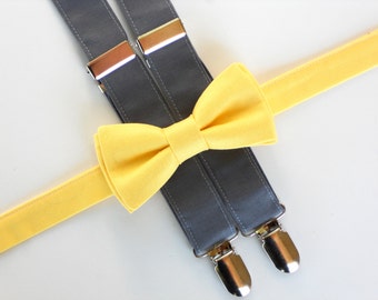 Boys bowtie and suspenders, boys first birthday outfit, bowtie and suspender set, boys photo prop, yellow and gray bowtie, toddler suspender