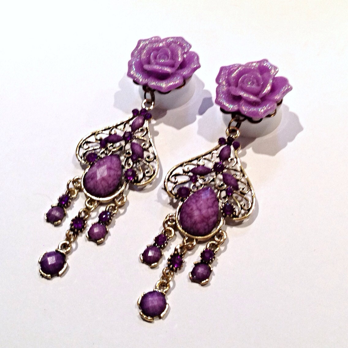 20mm Purple Glitter Rose Gem Drop Ear Plugs