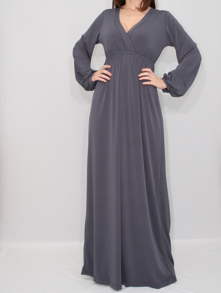 Gray dress Maxi dress Empire waist dress Long Sleeve by KSclothing