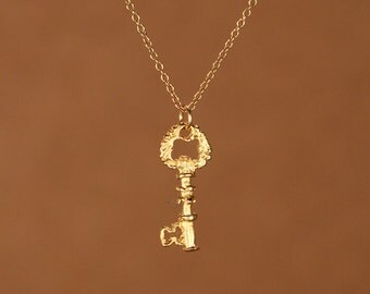 Key necklace - gold key necklace - a tiny 22k gold overlay skeleton key on a 14k gold filled chain