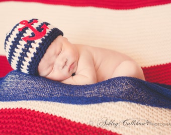 Baby Boy Hat, Baby Sailor, Anchor Hat, Navy Baby Hat, Baby Girl Hat, Newborn Hat, Newborn Prop, Photo shoot, Crochet Baby Hat
