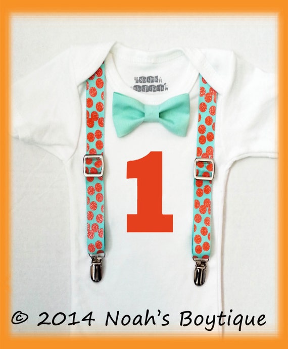 Baby Boy First Birthday Shirt - Mint and Orange - Polka Dot Suspenders - Spring Wedding - First Birthday Number Outfit - Boys Birthday Theme by NoahsBoytiques