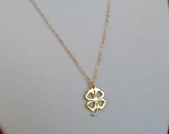 Tiny Gold Four Leaf Clover Necklace- Good Luck Necklace- 14k Gold Filled Chain