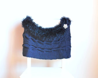 Blue shawl/ shrug/ wrap/wool and fur/ handknitting/ winter clothing/ women accessories/