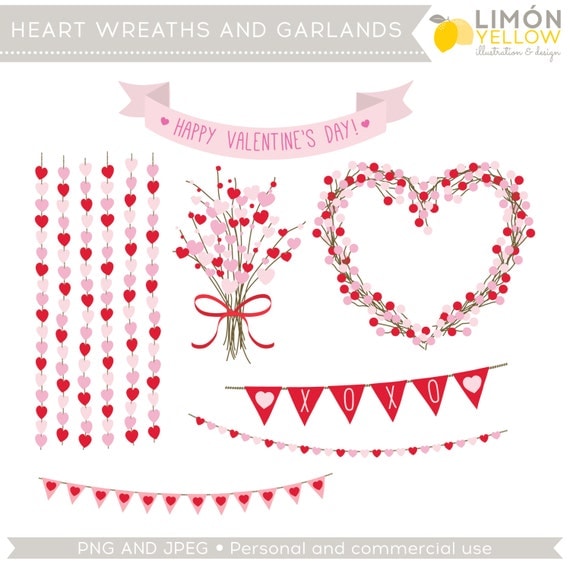 Valentine's Day Clipart Heart Wreaths Bunting Ribbons