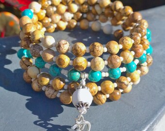 108 Mala Beads | Turquoise Howlite & Picture Jasper Wrist Mala | Mala Bracelet, Meditation Beads, OM Mala, Prayer Beads 108 Mala Buddha Mala