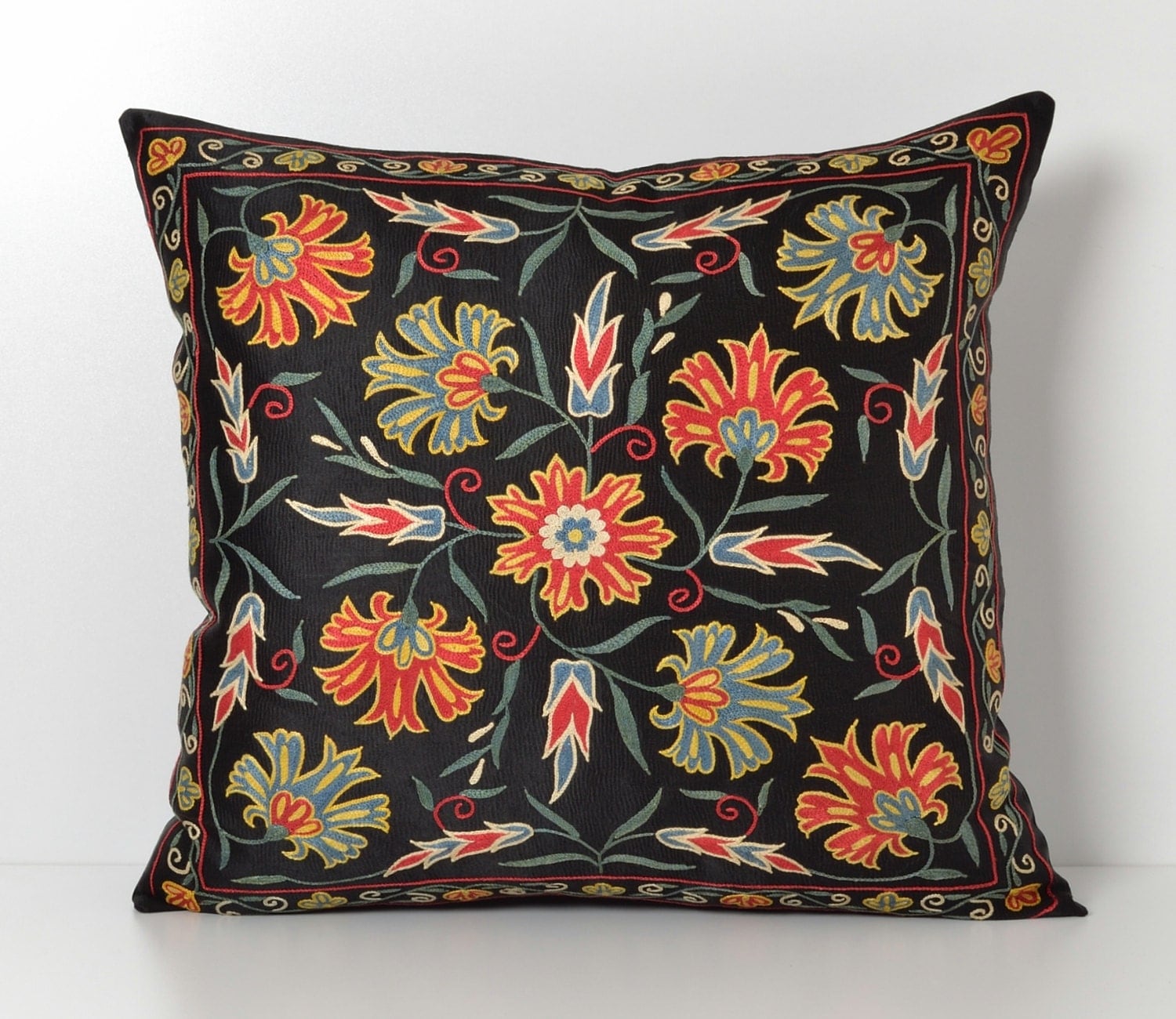 Suzani Throw Pillow Black Silk Decorative Vintage Floral