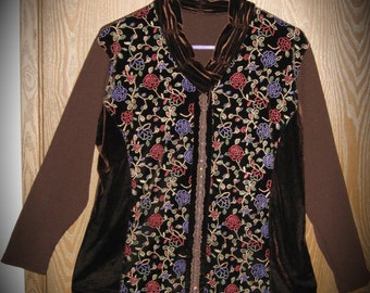 Velvet Lace + Ribbed Knit Chocolate Brown Womens' Pullover Sweater with Flowers