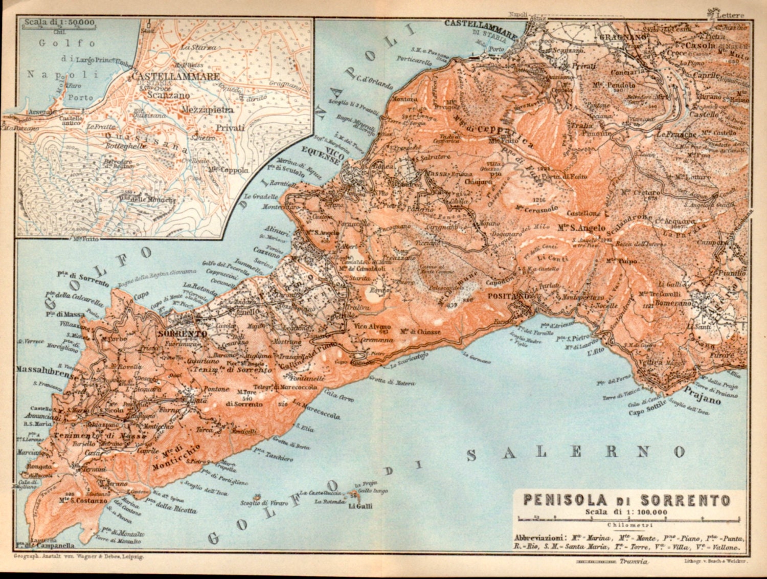 1908 Sorrento Peninsula Antique Map Italy Penisola di