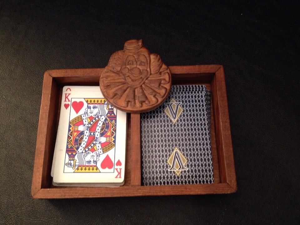 Vintage Wood Playing Card Holder Box Circus Clown Oak Mid