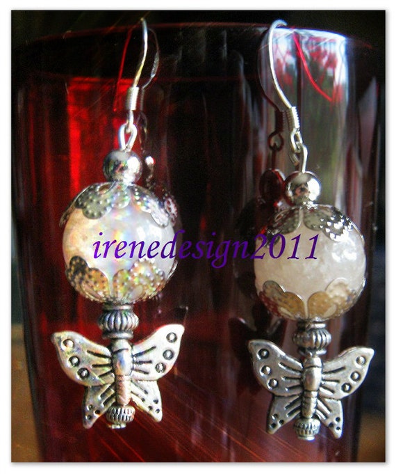 Handmade Silver Hook Earrings with Morganite & Butterflies by IreneDesign2011