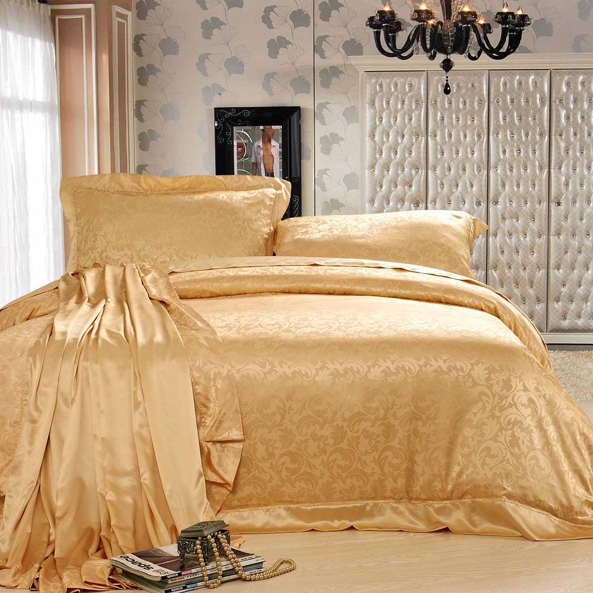 100% Silk Comforter Cover Gold Patterned Silk by SilkyAffection