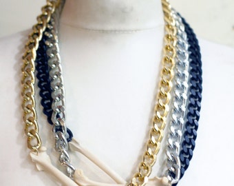 Real bone jewelry rabbit taxidermy femur choose gold/silver/black plated curb chain funky retro vintage abstract necklace