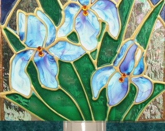 Decorative Night Lights, Blue Iris Flower Night Light Art Unique Stained Glass Night Light Blue Bathroom Night Light Plug Flower Nightlight