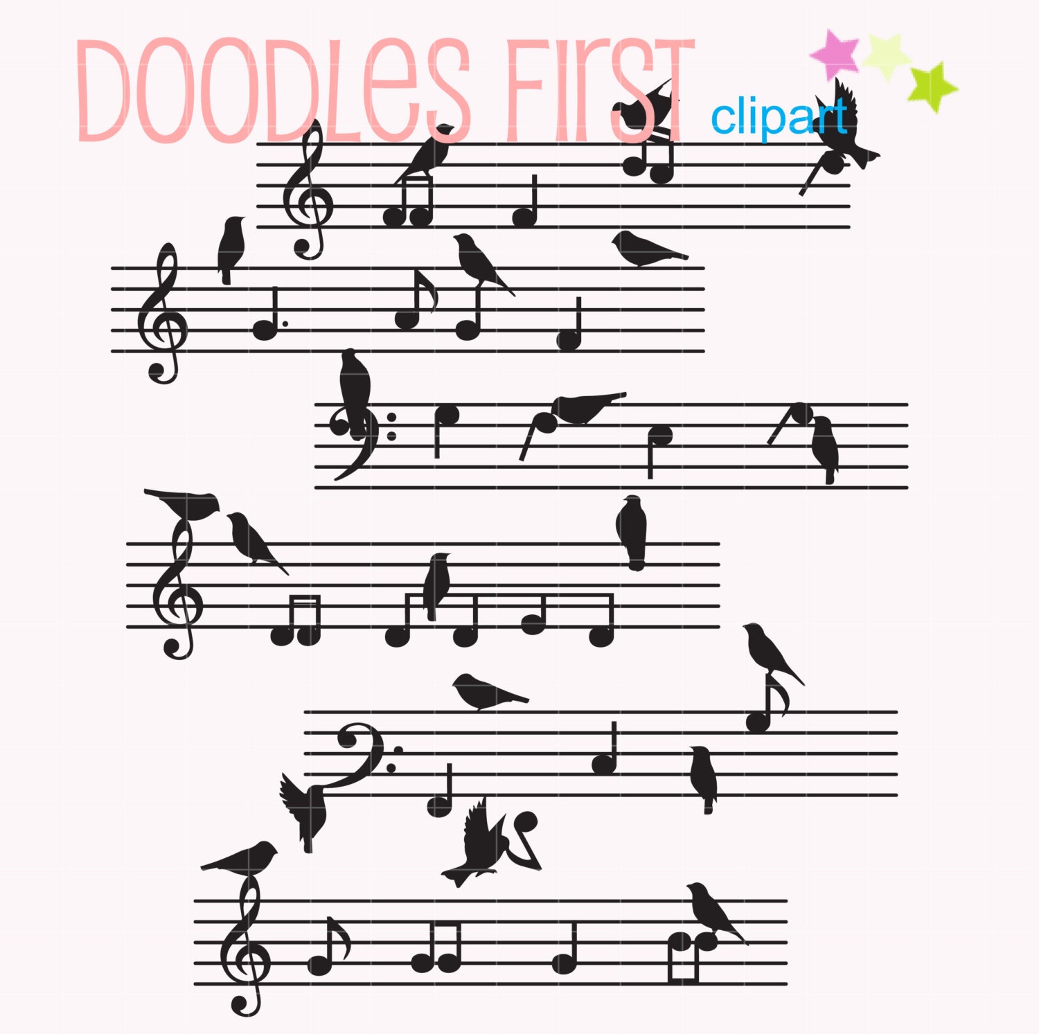 Birds And Musical Notes Digital Clip Art for Scrapbooking Card