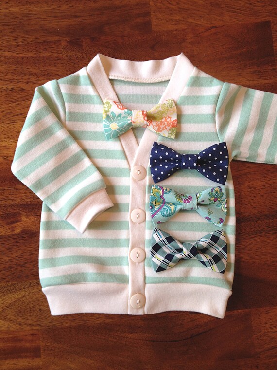 Mint and Cream Stripe Cardigan Bow Tie Set Baby Cardigan and