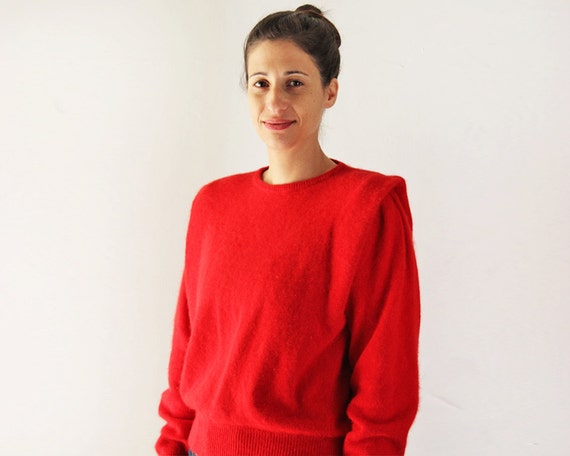 Benetton angora sweater / vintage red angora sweater / pleated sleeves 