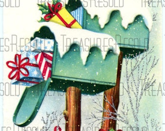Retro Present Filled Mailbox Christmas Card #340 Digital Download
