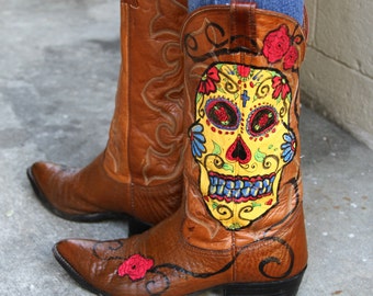 Vintage Nocona Leather Cowboy Boots w/Hand painted Day of the Dead art